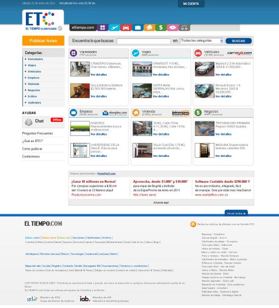 Vista de www.clasificados.eltiempo.com | Pagina inicial o Home