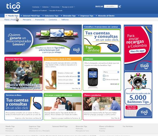 Vista de www.tigo.com.co | Pagina web o Home