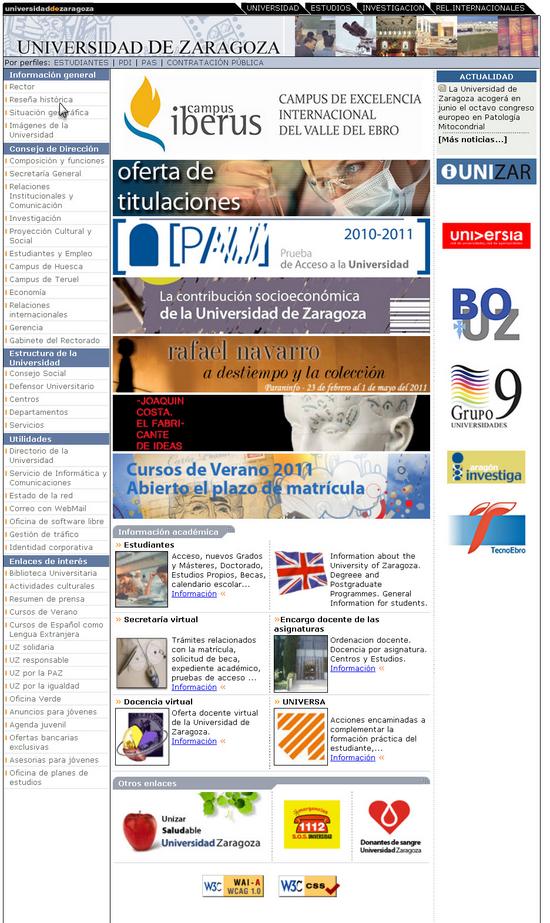 Vista de www.unizar.es | Pagina Web o Home