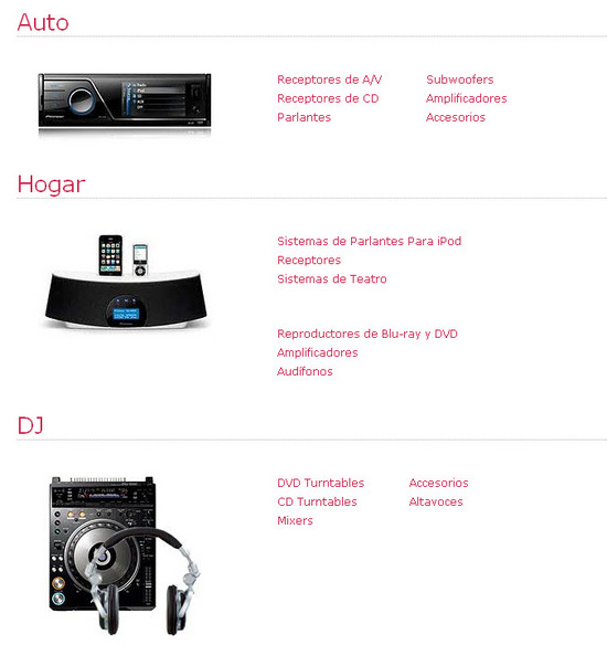 Pioneer Audio Car, productos