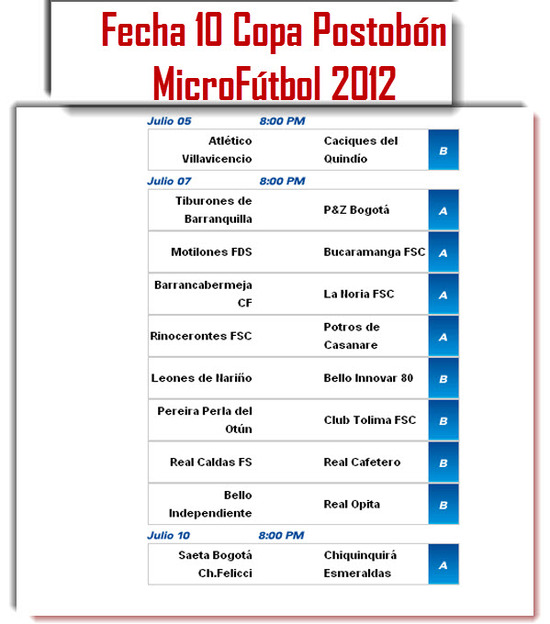 Calendario Fecha 10 Copa Postobón Microfútbol 2012