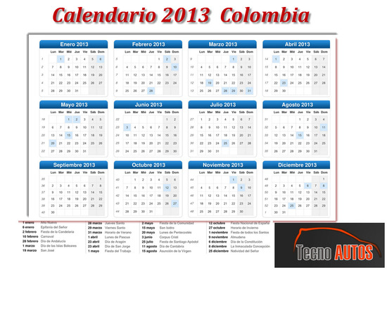 Calendario 2013 Colombia, eventos y festivos