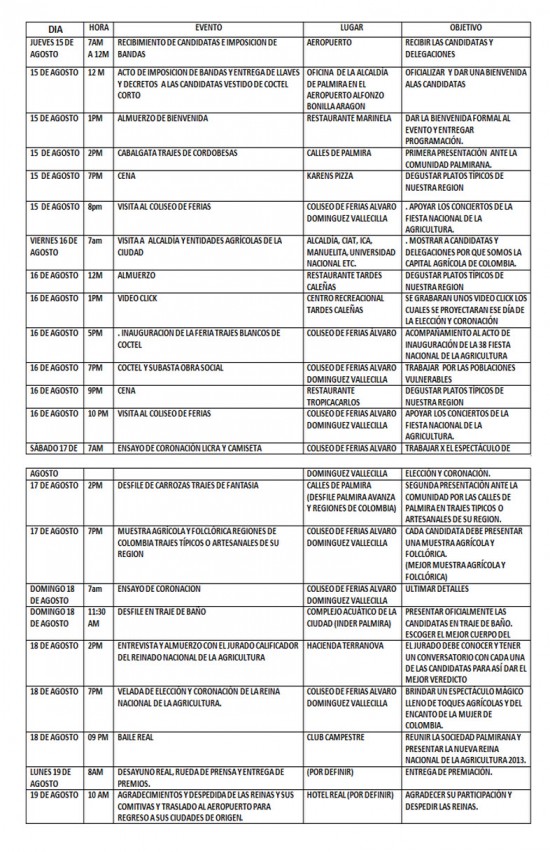 Programación oficial Reinado Nacional de la Agricultura 2013