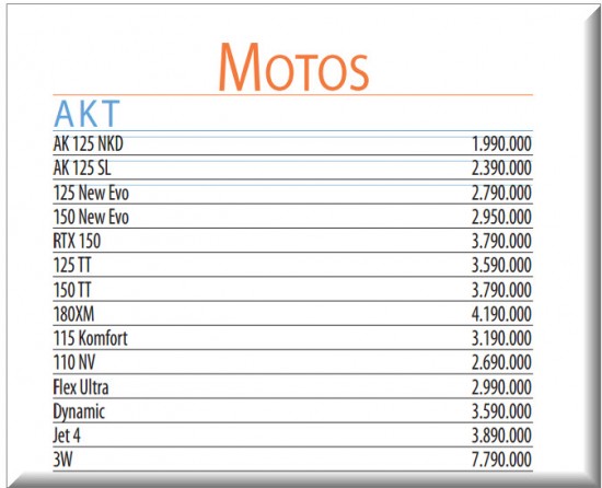 Precios Revista Motor, Motos Nuevas de Akt, Septiembre 4 de 2013