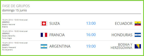 Partidos del mundial de brasil, el domingo 15 de junio de 2014