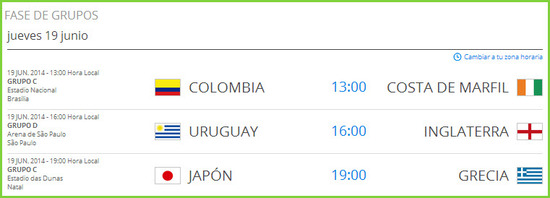 Partidos del mundial de fútbol jueves 19 de junio de 2014