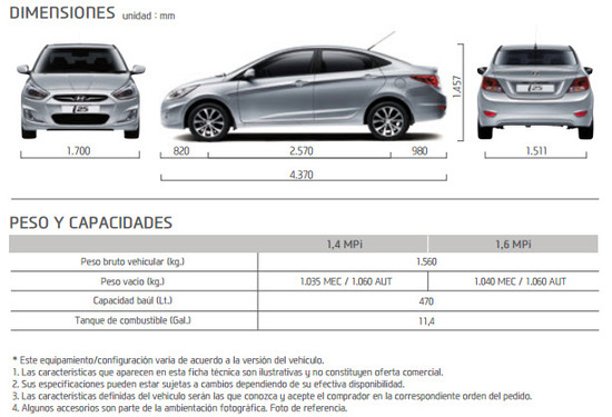Ficha Técnica Hyundai i25 Sedan 2015 Dimensiones